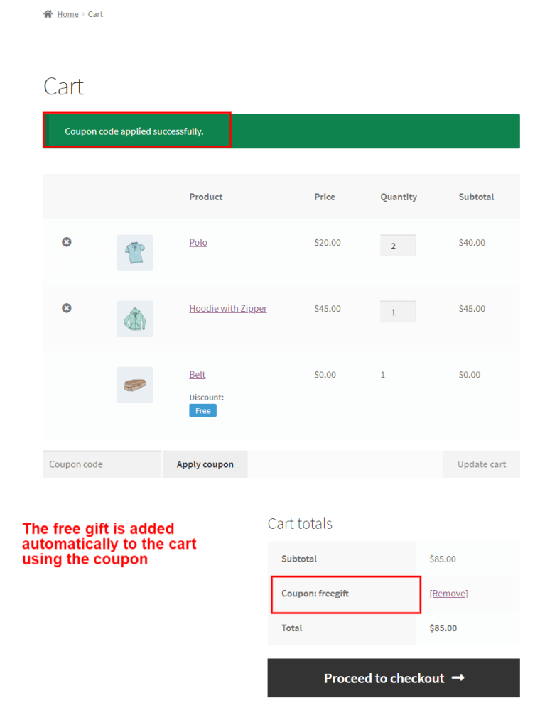 Free gift product added with coupon