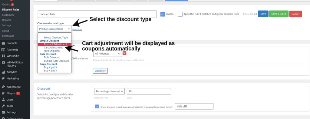 Select the discount type of carts coupons
