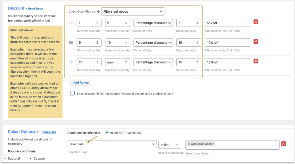 Setting discount values based on quantities