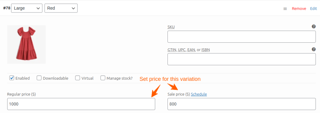Set Product Variation Pricing