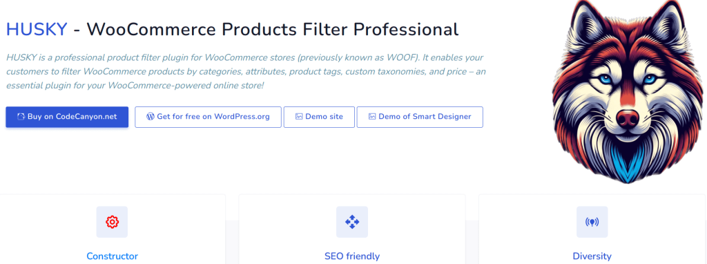 HUSKY WooCommerce Products Filter plugin homepage featuring advanced filtering options for categories, attributes, tags, taxonomies, and price, with purchase and demo options.