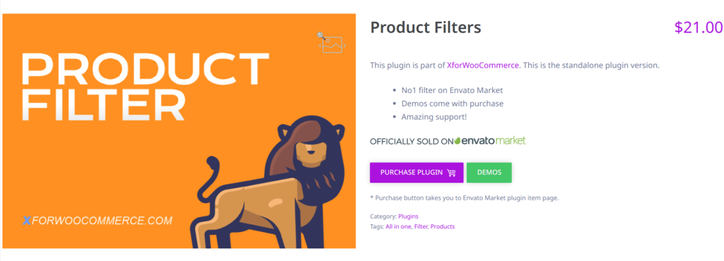 Product Filter for WooCommerce by XforWooCommerce, showcasing its Envato Market listing, pricing, key features, and purchase options