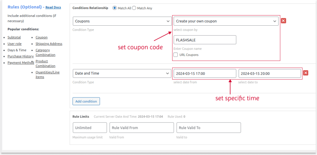 Setting the coupon and time for the flash sale coupon