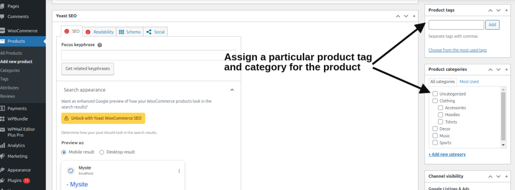 Assign a tag and category for the product
