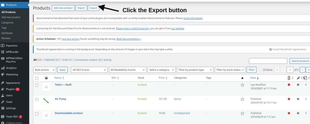 Click the Export button to do WooCommerce Export Products