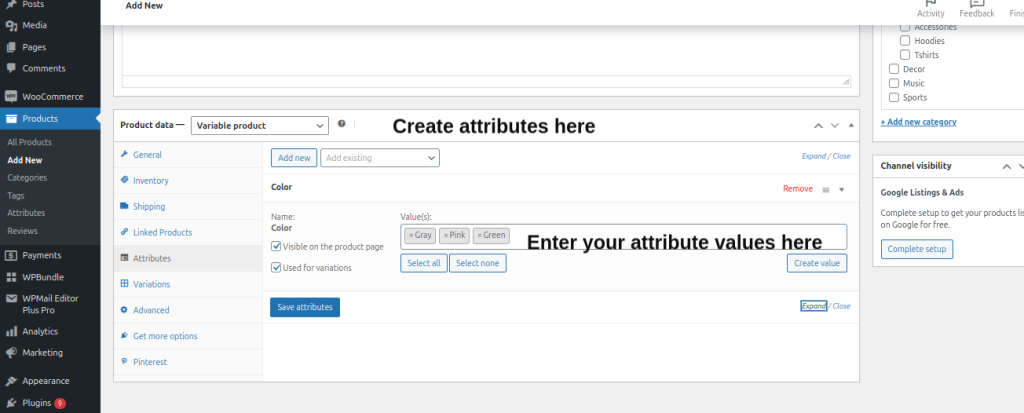 Create product attributes here