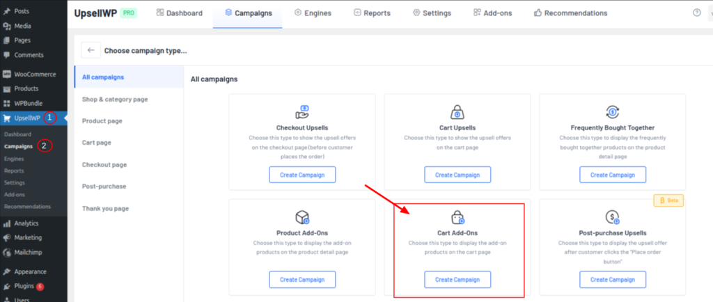 Creating a new cart add-ons campaign
