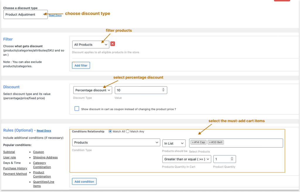 Creating product discounts with must-add cart items