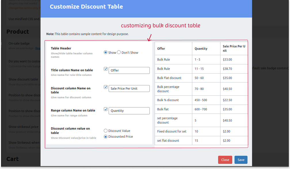 Customizing the dynamic pricing table
