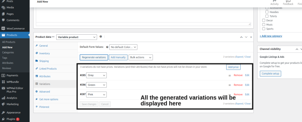 Generate product variations here