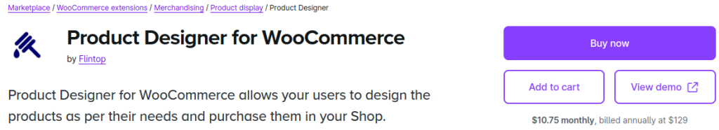 Product page of Product Designer for WooCommerce