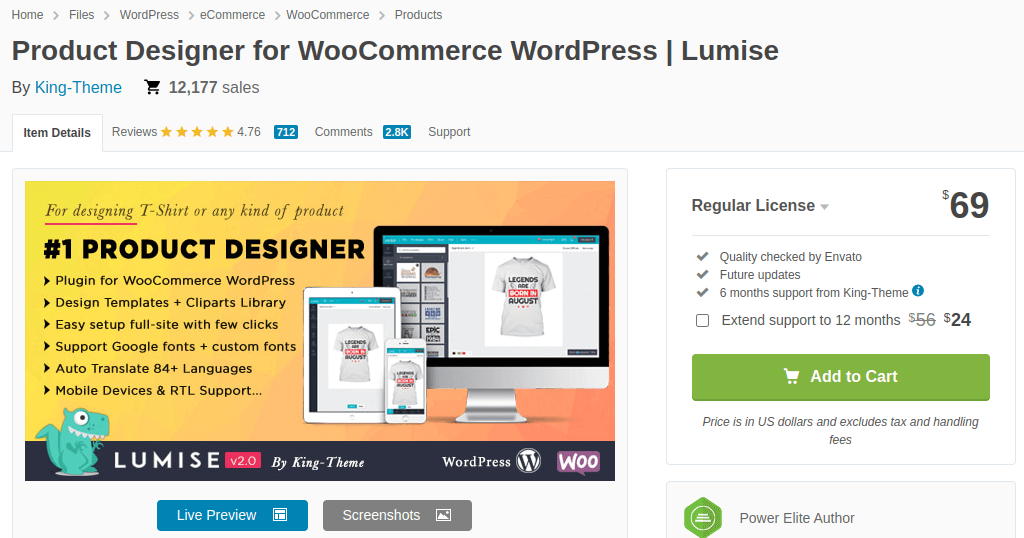 Product page of Product designer for WooCommerce WordPress