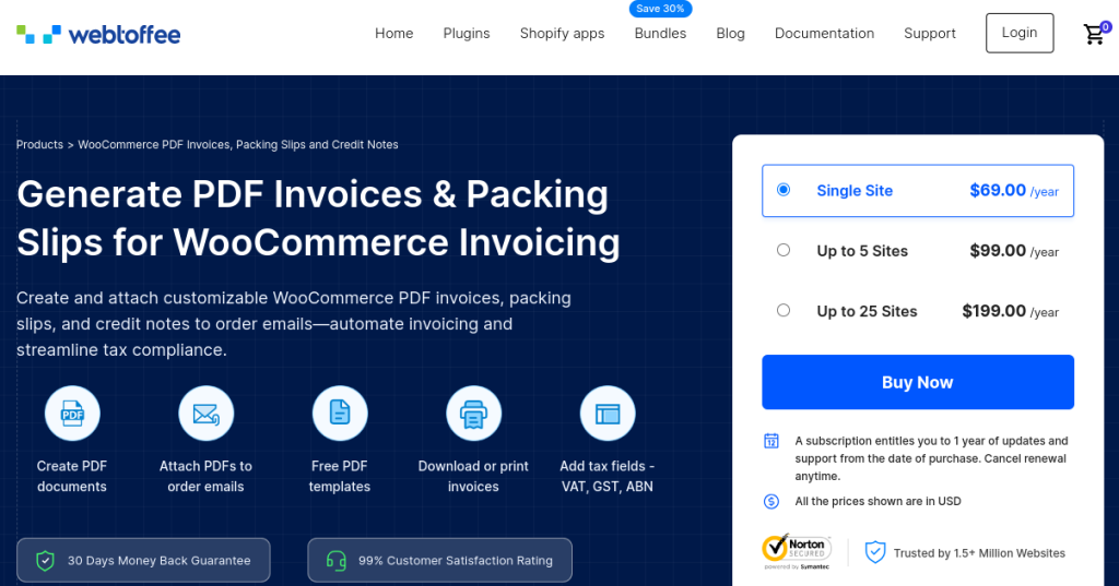 Product page of WooCommerce pdf invoices plugin by WebToffee