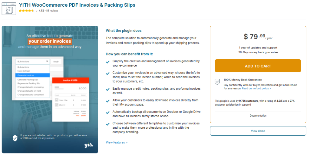 Product page of YITH WooCommerce pdf invoice & shipping list