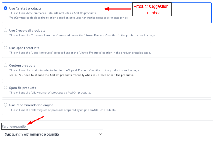 Setting product suggestion and cart quantity.