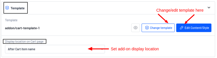 Template and display location option in cart add-ons