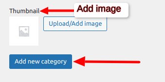 WooCommerce "Add new category" section, where users can upload a thumbnail image and click the "Add new category" button