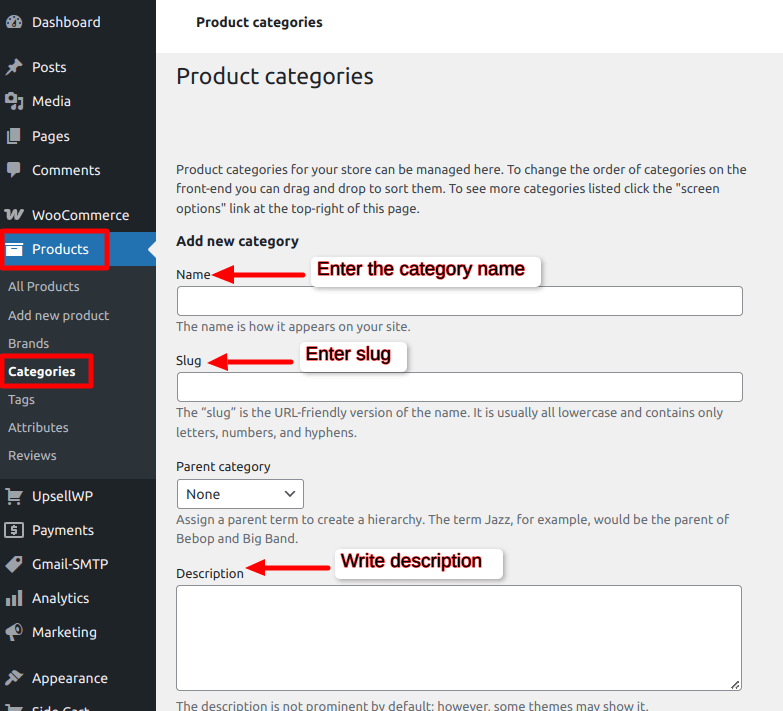 WooCommerce "Product Categories" settings page, where users can add a new category by entering a name, slug, and description