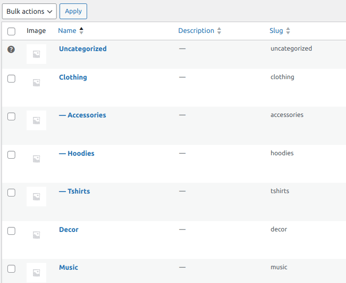 WooCommerce product categories list, displaying category names, descriptions, slugs, and associated images, with options for bulk actions
