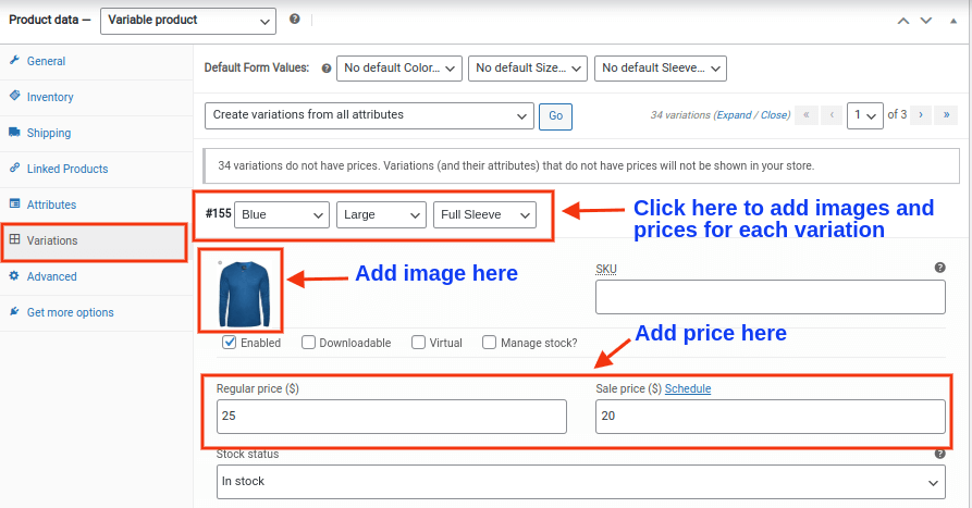 Adding images and prices to variable products