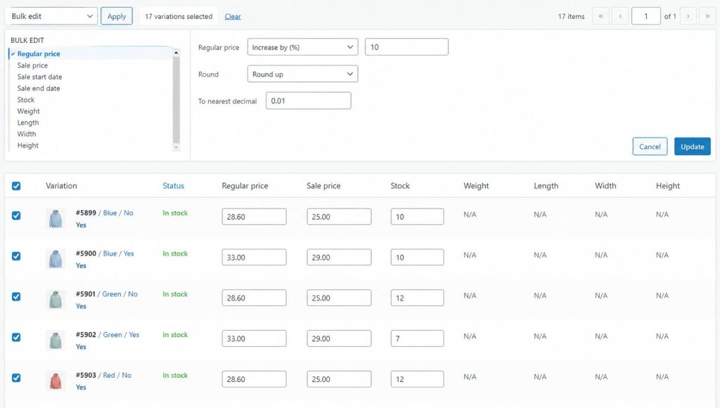 Bulk editing prices, SKUs, and stocks of variable products