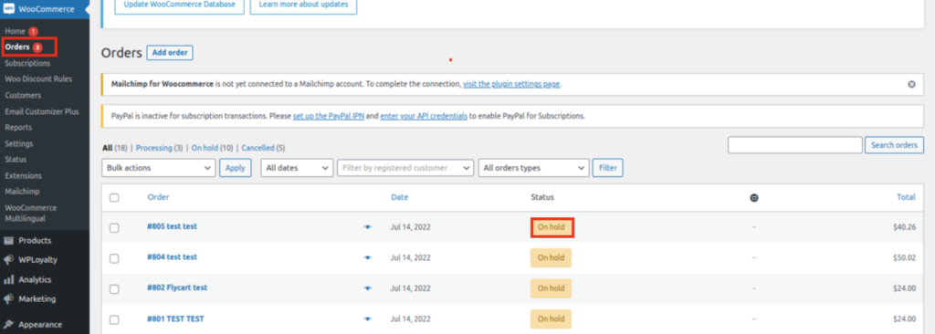 Order Status for Check Payment Option