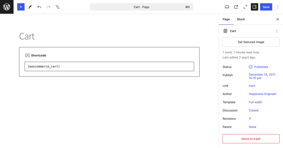 Using a Shortcode block to insert the [woocommerce_cart] shortcode on a WordPress page in the block editor.