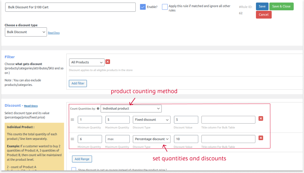 Creating discounts for bulk purchases over the amount