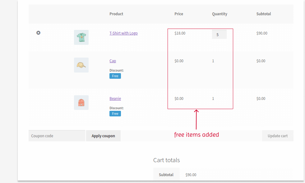Adding free items to the cart