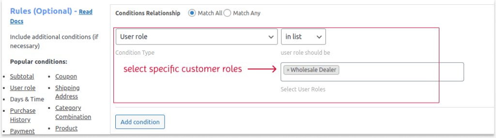 Selecting the specific customer roles