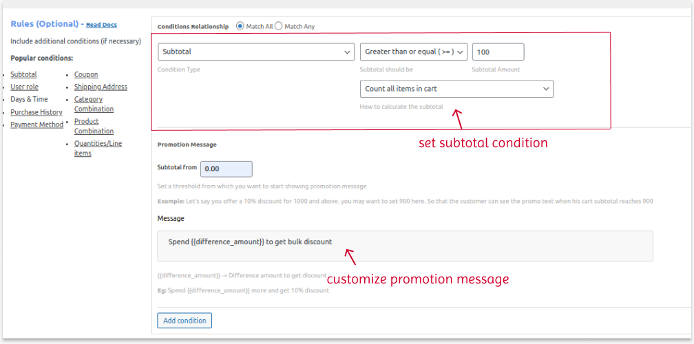 Setting amount conditions for bulk purchases
