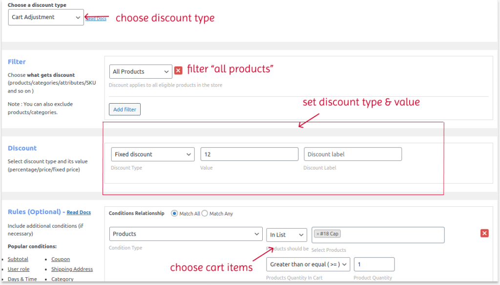 Creating discounts based on cart products