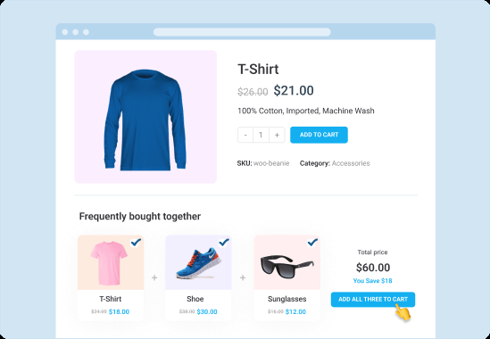 "Frequently bought together” section on a product page – a classic personlized Amazon-style upsell recommendation