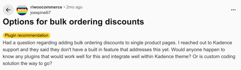 Reddit question 1: Bulk ordering discount plugin