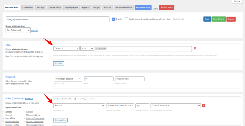 Category filter in Discount Rules