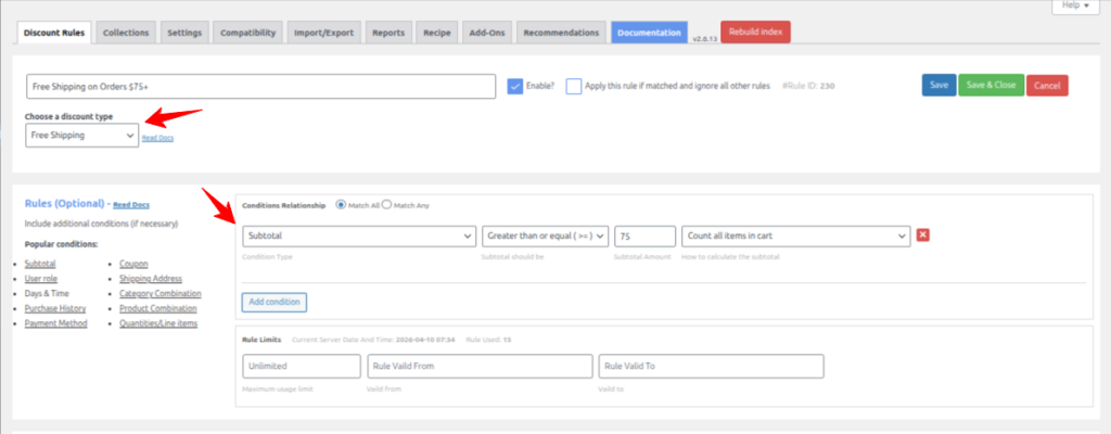 Free Shipping rule setup