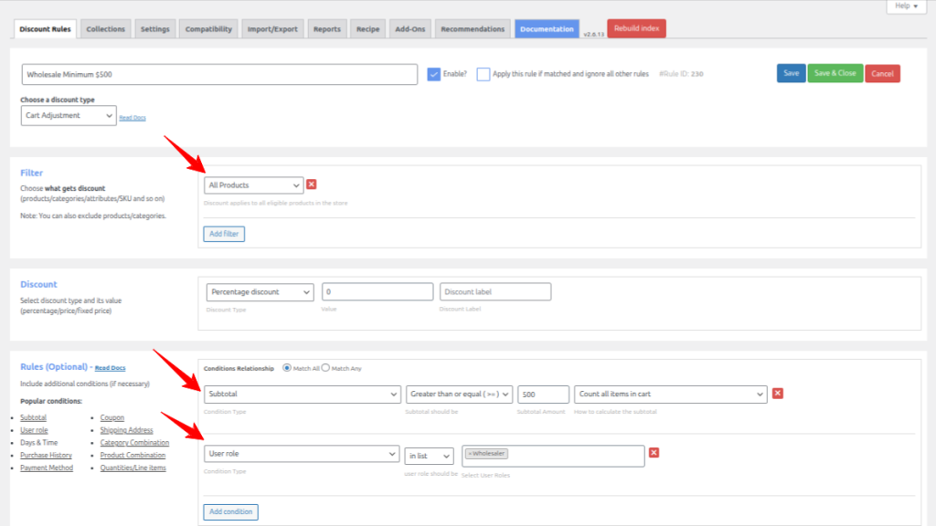 User role condition in Discount Rules