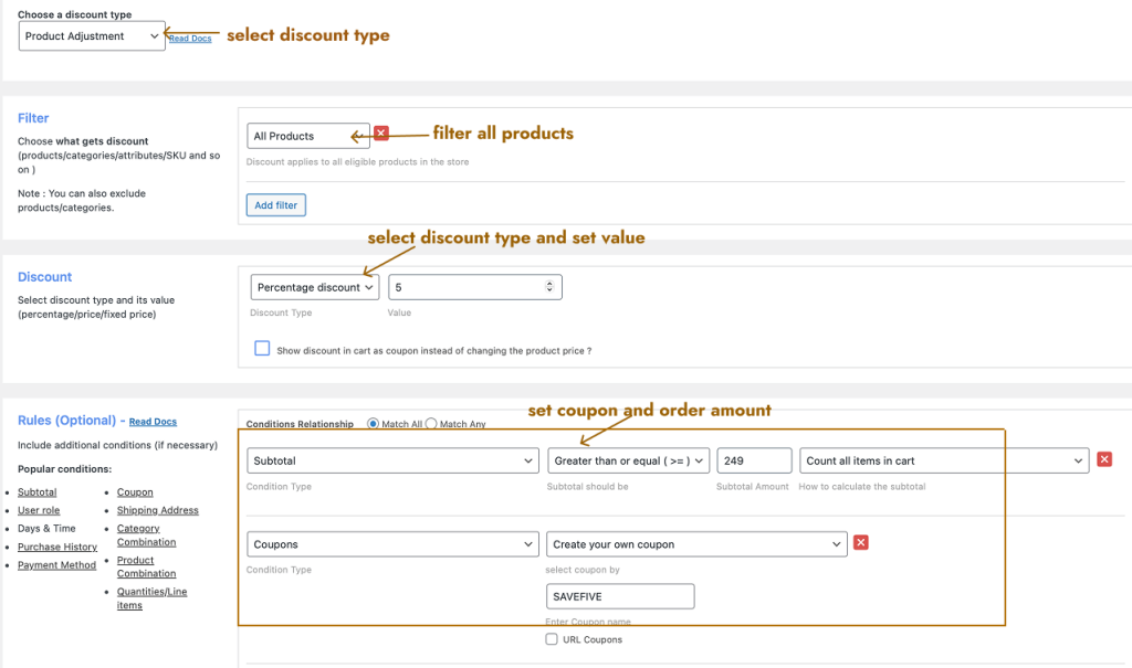 Creating a coupon discount based on order amount