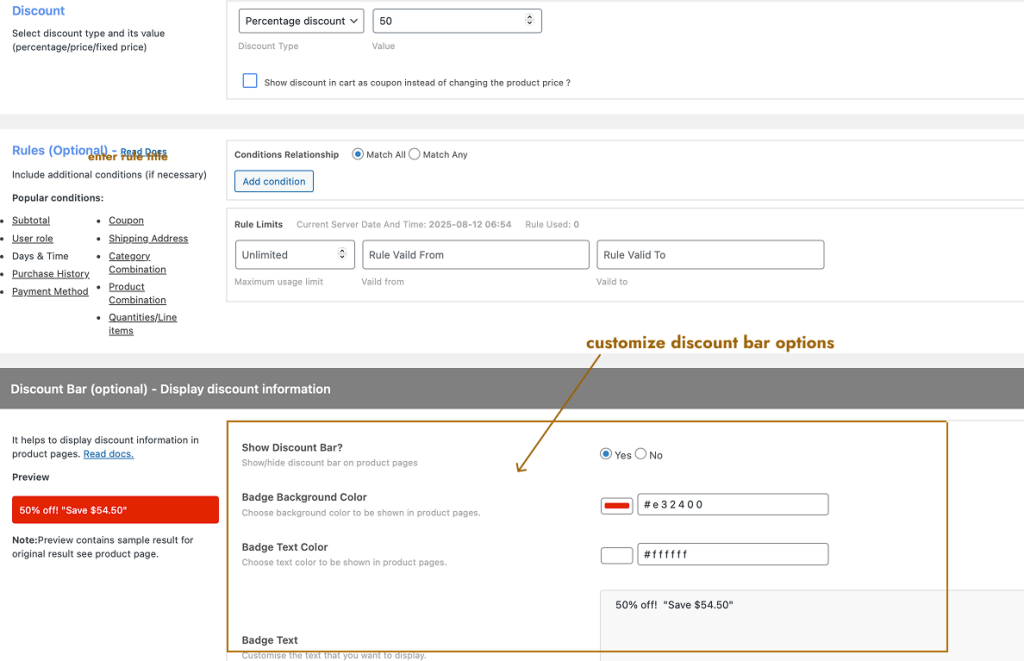 Customizing discount bar options