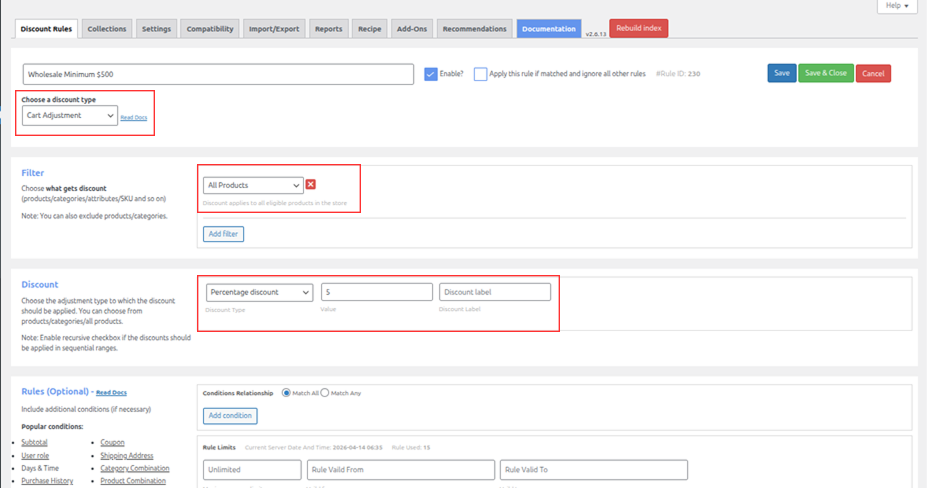 Discount type selection showing Cart Adjustment with 5% value