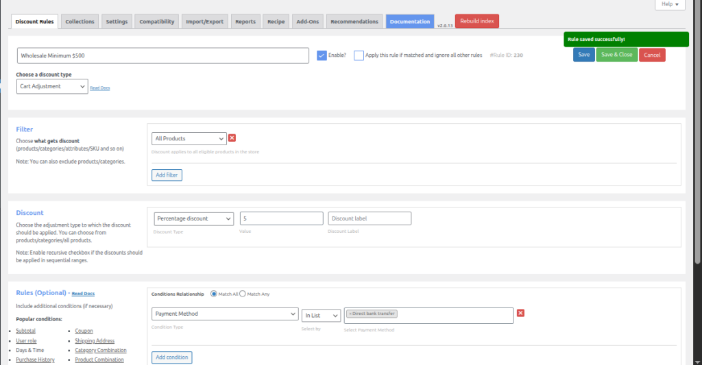 Saved rule showing Active status in the rules list