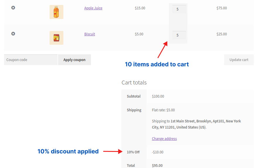 A 10 percent discount is applied to a customer's cart