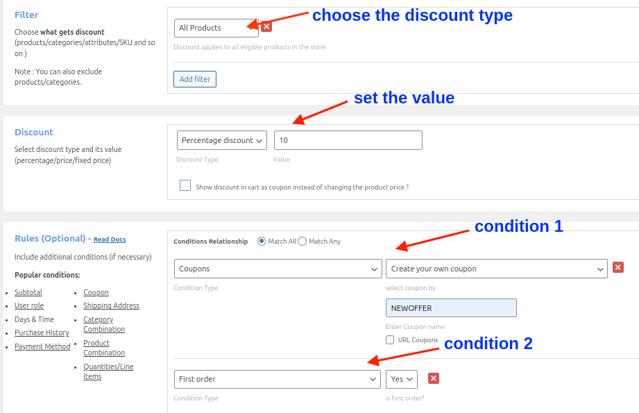 Creating a coupon discount only for first orders