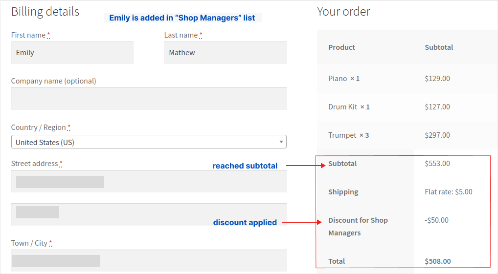 Applying discounts for specific user roles based on order amount