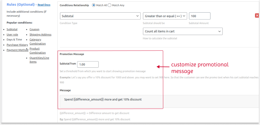 Customizing promotional message on the cart page