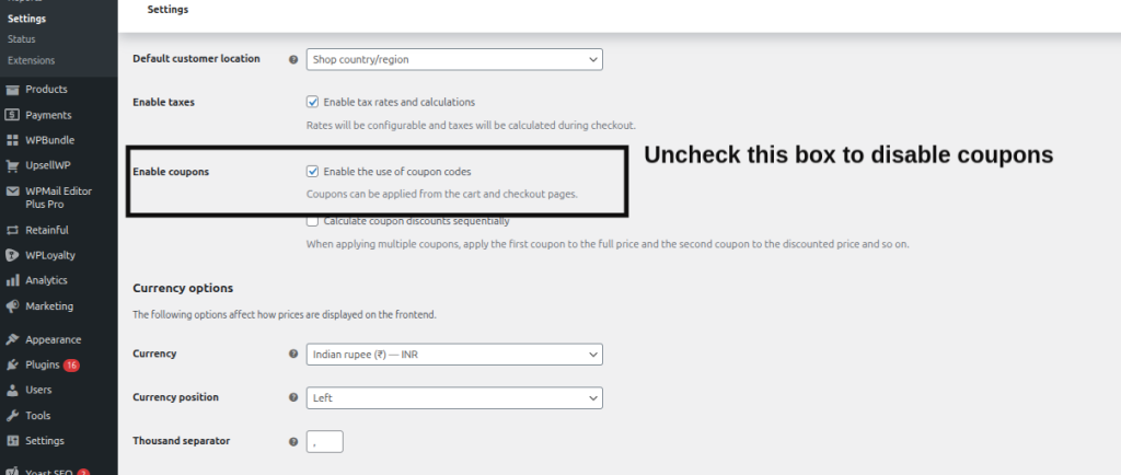Uncheck this box to disable coupons in WooCommerce