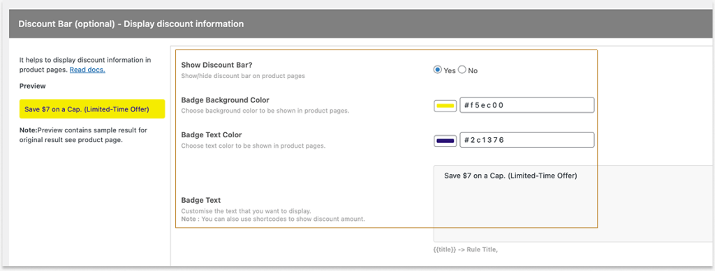 Enabling the Discount Bar option in Discount Rules