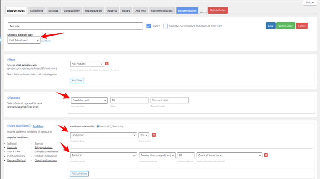 Cart Adjustment rule with both conditions visible - annotate "Match All" relationship