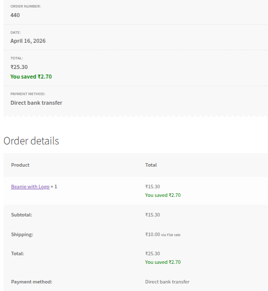 Cart page showing "Discount 15% off storewide discount for first time customers applied in your cart" - annotate the discount line and "You saved" amount