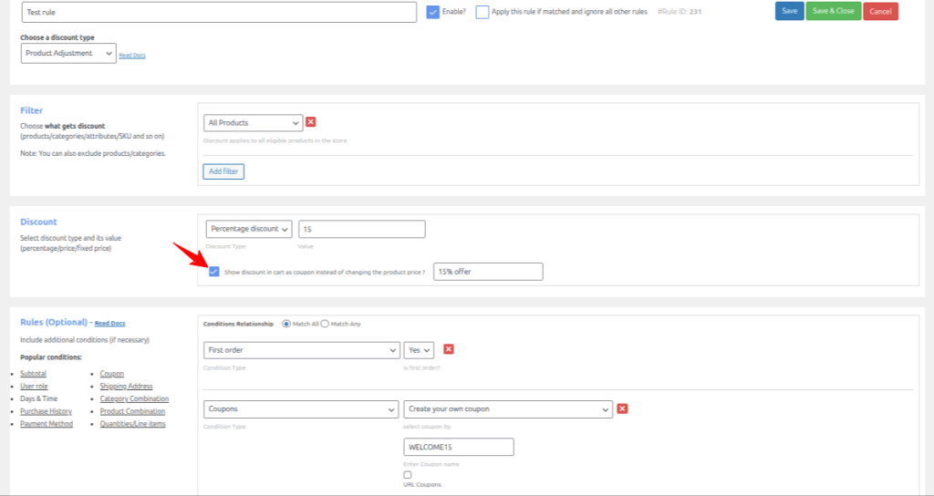 Discount rule with coupon condition and First Order condition visible